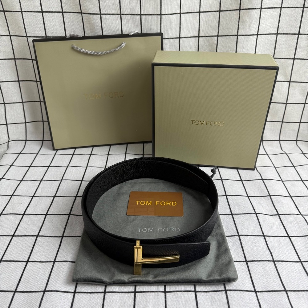 Tom Ford Black Leather Belt with Gold Buckle